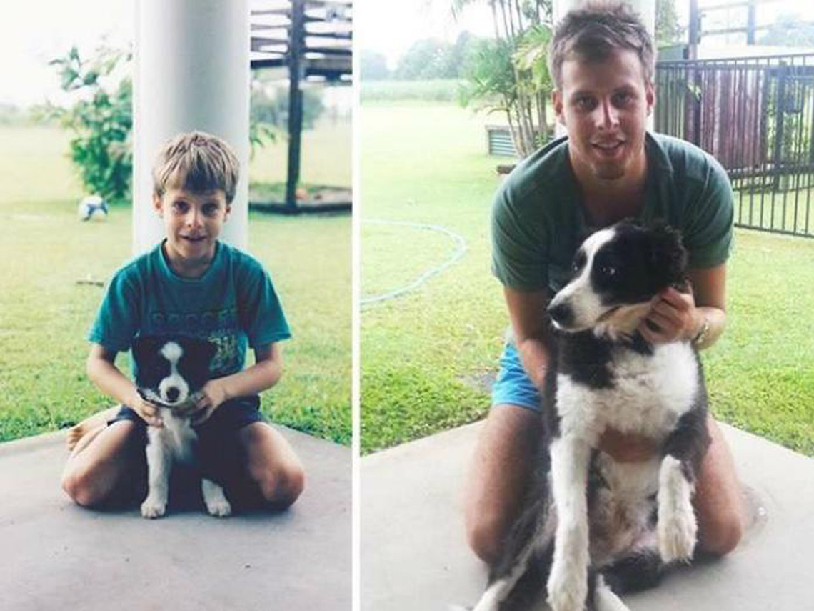 Chico con border collie creciendo juntos