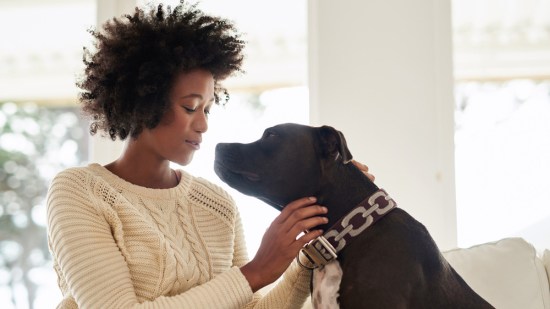 Mujer tocando a un perro