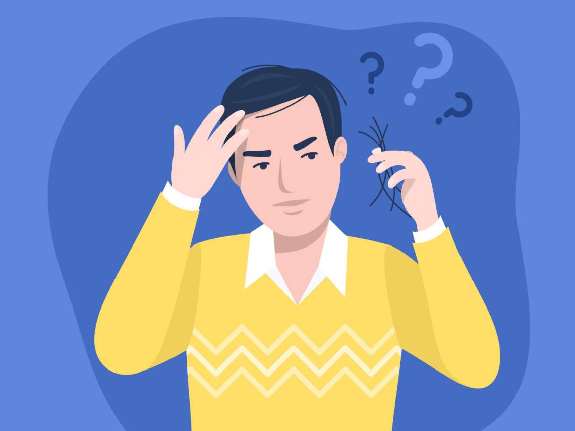 Ilustración. Hombre con un mechón de pelo en la mano