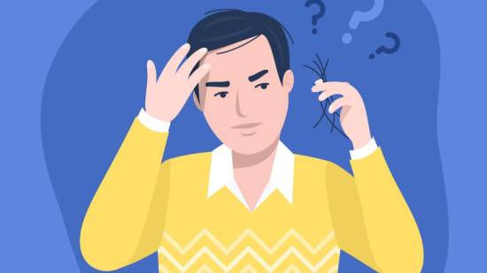 Ilustración. Hombre con un mechón de pelo en la mano