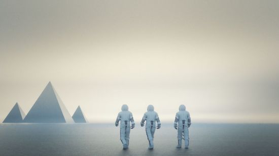 Infografía. Astronautas dirigiéndose a 3 pirámides de aluminio