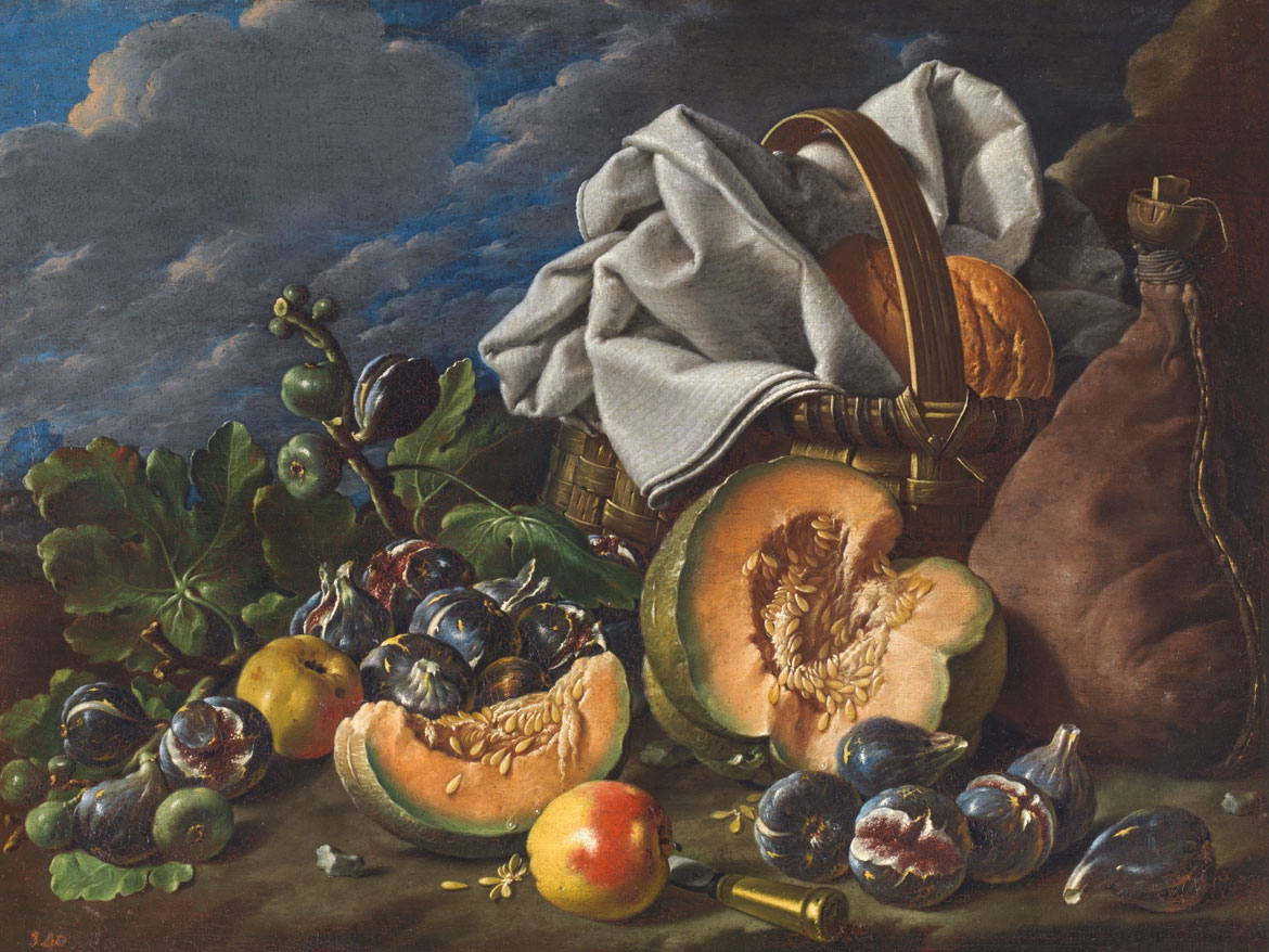 Bodegón con melón y brevas, manzanas, bota de vino y cesta de merienda en un paisaje.