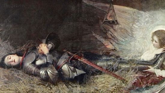 Juana durmiente de Arco, un ángel a sus pies. Ilustración