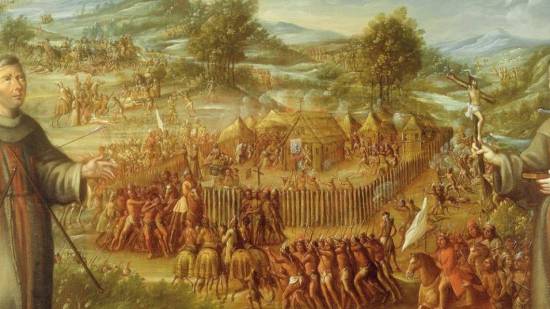 La destrucción de la misión de San Sabá en Texas y martirio del Padre Alonso Terreros . Mural atribuido a José de Paez