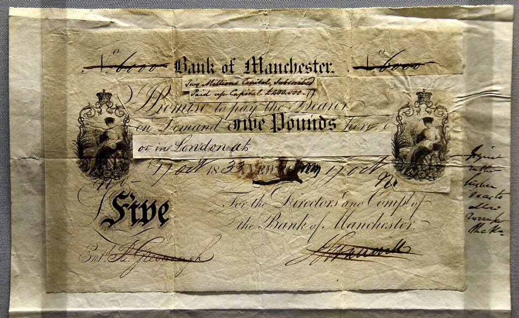 Invención del dinero. Collage para el diseño de un billete, Banco de Manchester, Reino Unido, 1833. Osama Shukir Muhammed Amin / Wikimedia Commons.