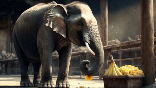 Elefante pelando plátanos