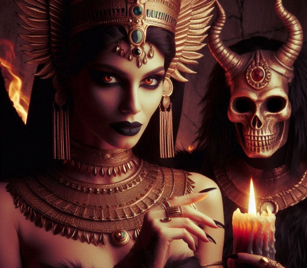 Mujer con vela y criatura con rostro esquelético