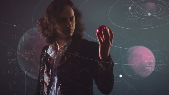 Recreación de Isaac Newton con una manzana