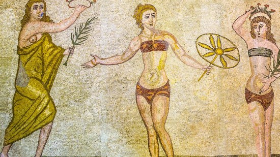 Mujeres deportistas (suelo de mosaico, villa romana del Casale, alrededor del año 300), Sicilia