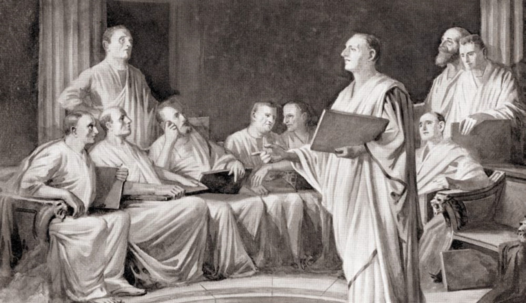 Recreación de magistrados romanos debatiendo la Ley de las Doce Tablas, fundamento del derecho