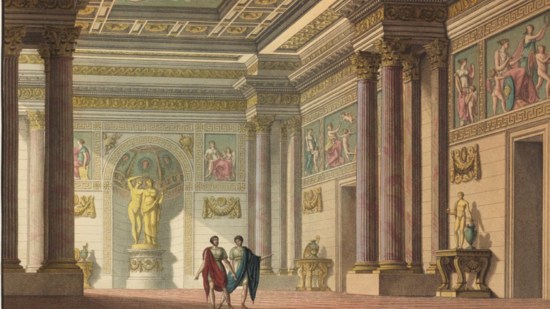 Acuarela que representa uno de los decorados creados para el ballet La vestal