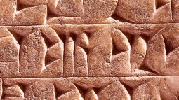 Detalle de un muro decorado con escritura cuneiforme tallada en piedra