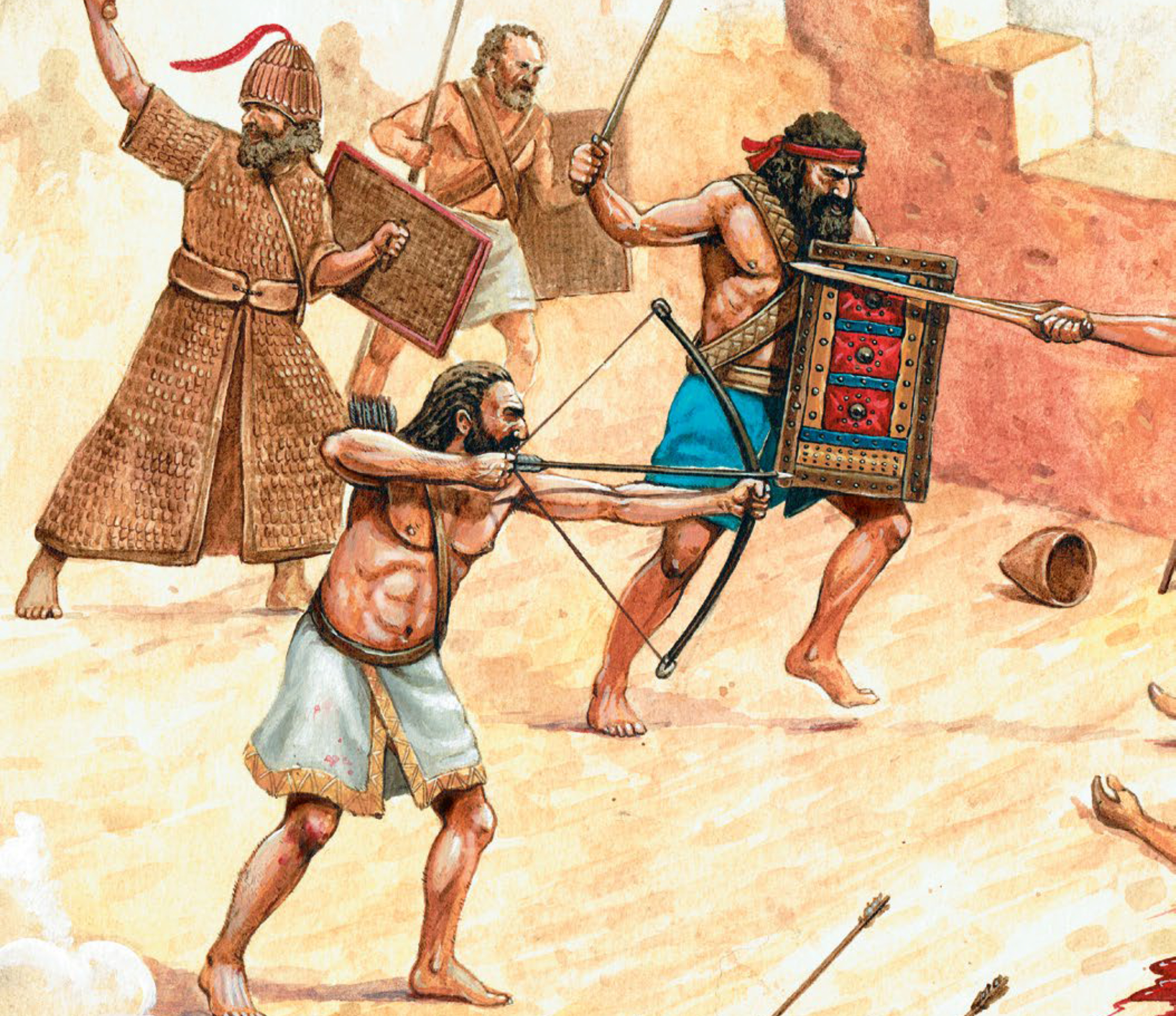 Recreación histórica de un ataque de los pueblos del mar contra una fortificación siria