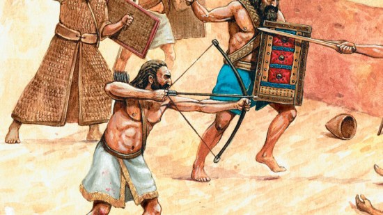 Recreación histórica de un ataque de los pueblos del mar contra una fortificación siria