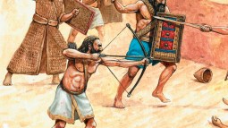 Recreación histórica de un ataque de los pueblos del mar contra una fortificación siria