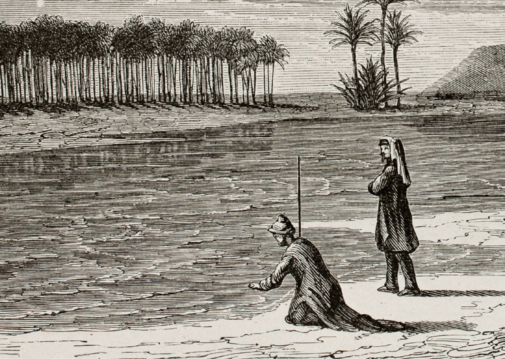 Antigua ilustración de paisaje babilónico a orillas del río