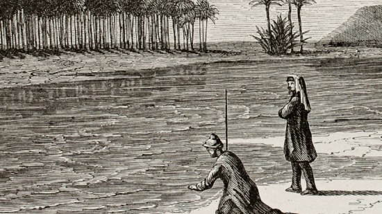 Antigua ilustración de paisaje babilónico a orillas del río