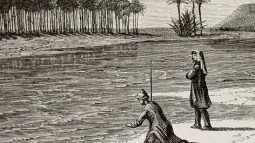 Antigua ilustración de paisaje babilónico a orillas del río