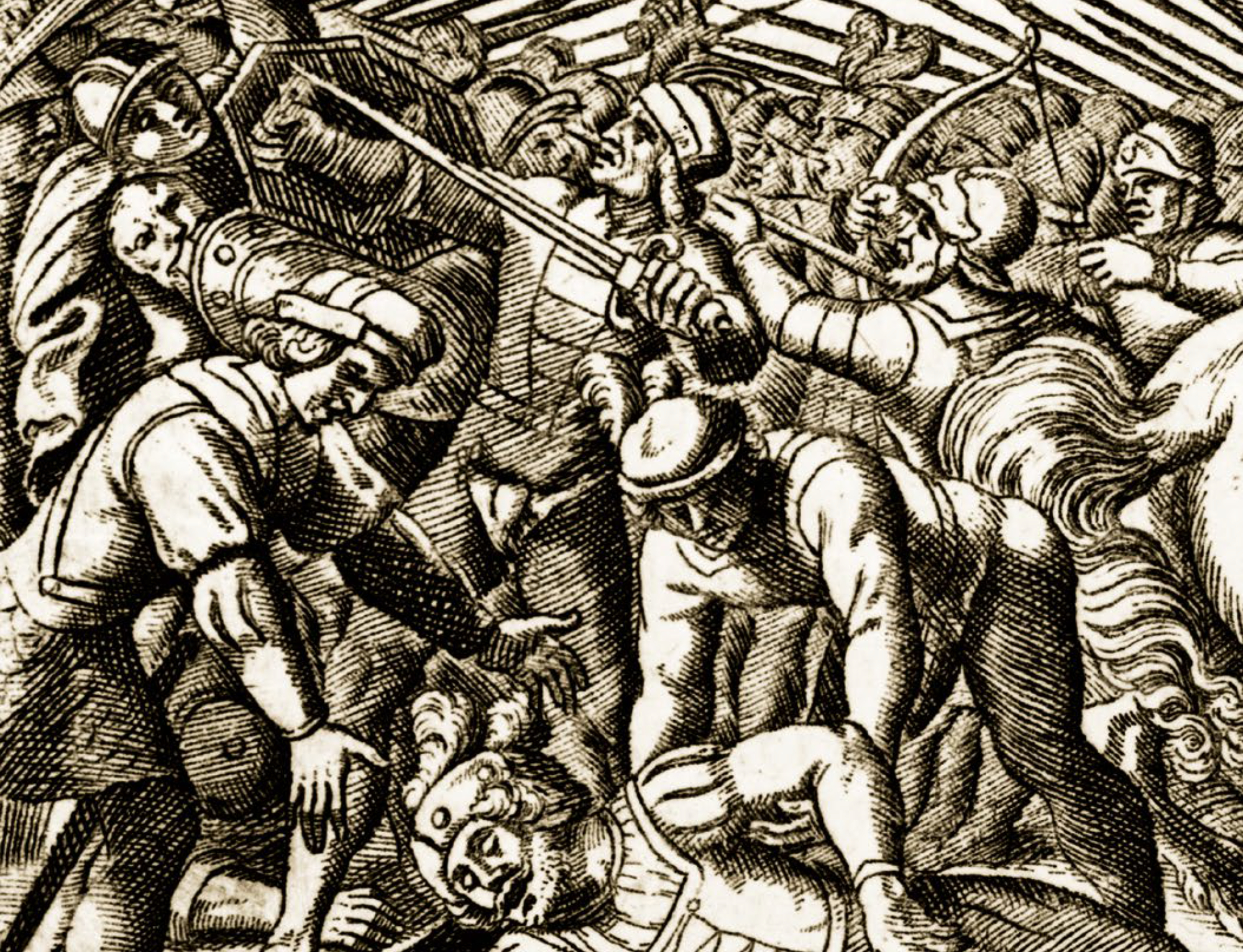 Grabado del s. xvii representando la muerte de Teodorico I en la Batalla de los Campos Cataláunicos