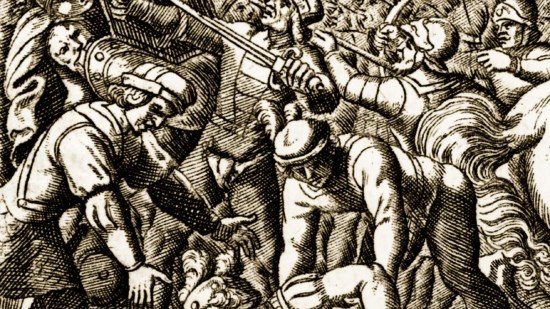 Grabado del s. xvii representando la muerte de Teodorico I en la Batalla de los Campos Cataláunicos