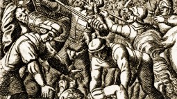 Grabado del s. xvii representando la muerte de Teodorico I en la Batalla de los Campos Cataláunicos