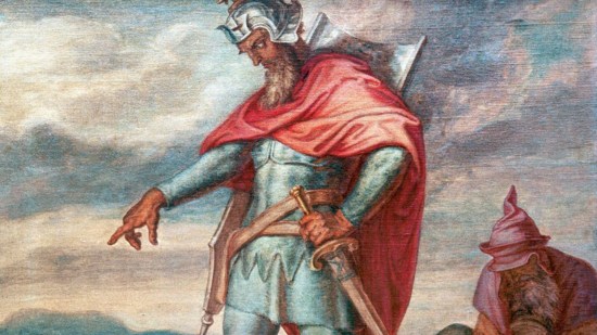 Gunther manda a Hagen que oculte el tesoro en el Rin (1859), por Peter von Cornelius