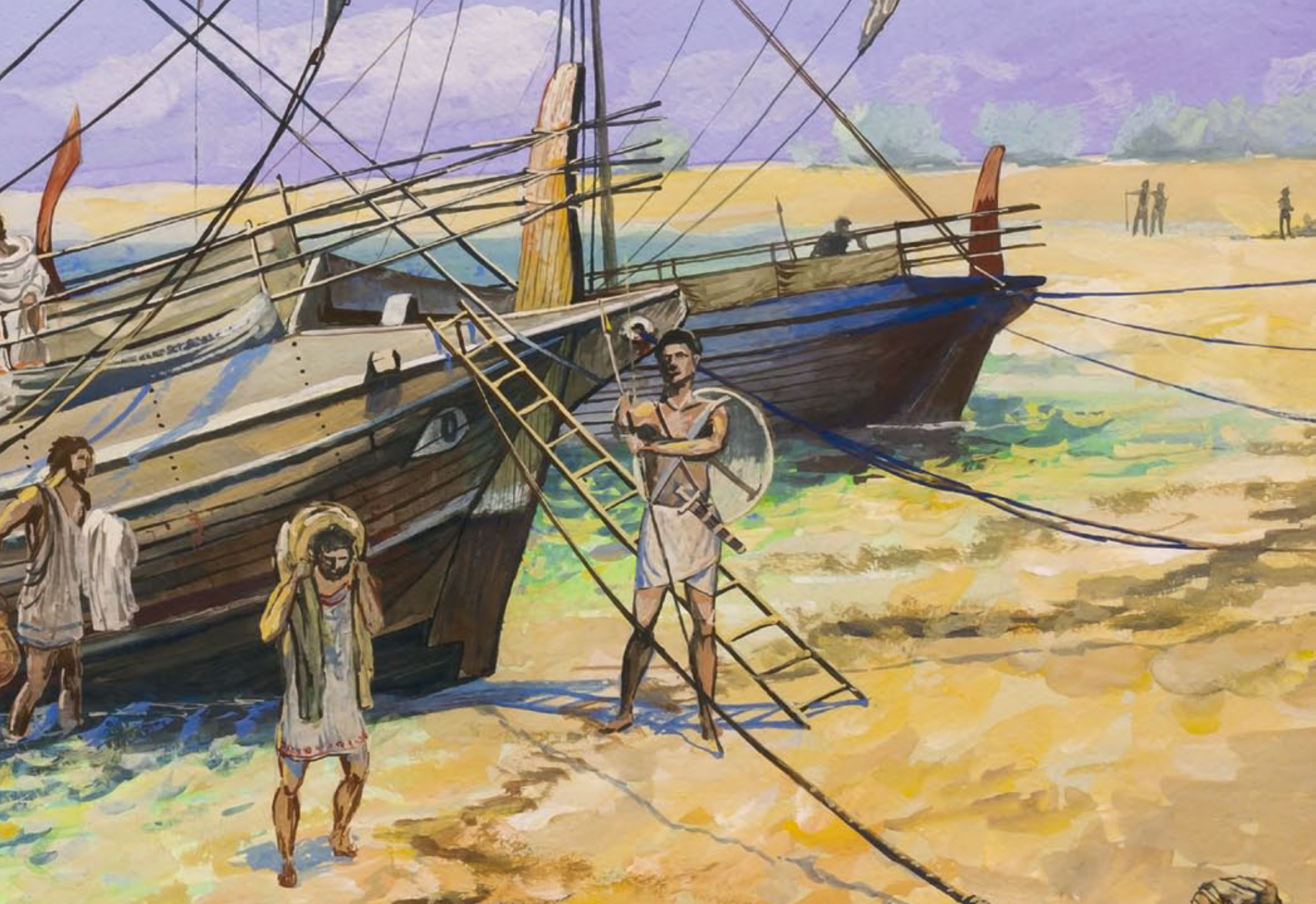 Aquí, gouache en papel que recrea los antiguos barcos mercantes griegos