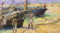 Aquí, gouache en papel que recrea los antiguos barcos mercantes griegos