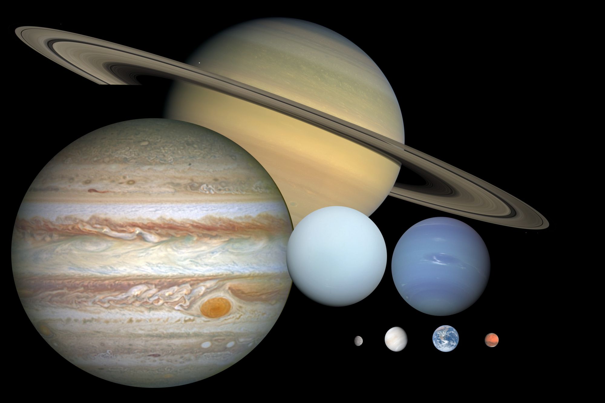 Mosaico con los 8 planetas del Sistema Solar, conservando la escala de tamaño