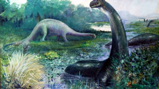 Recreación decimonónica de Apatosaurus y Diplodocus