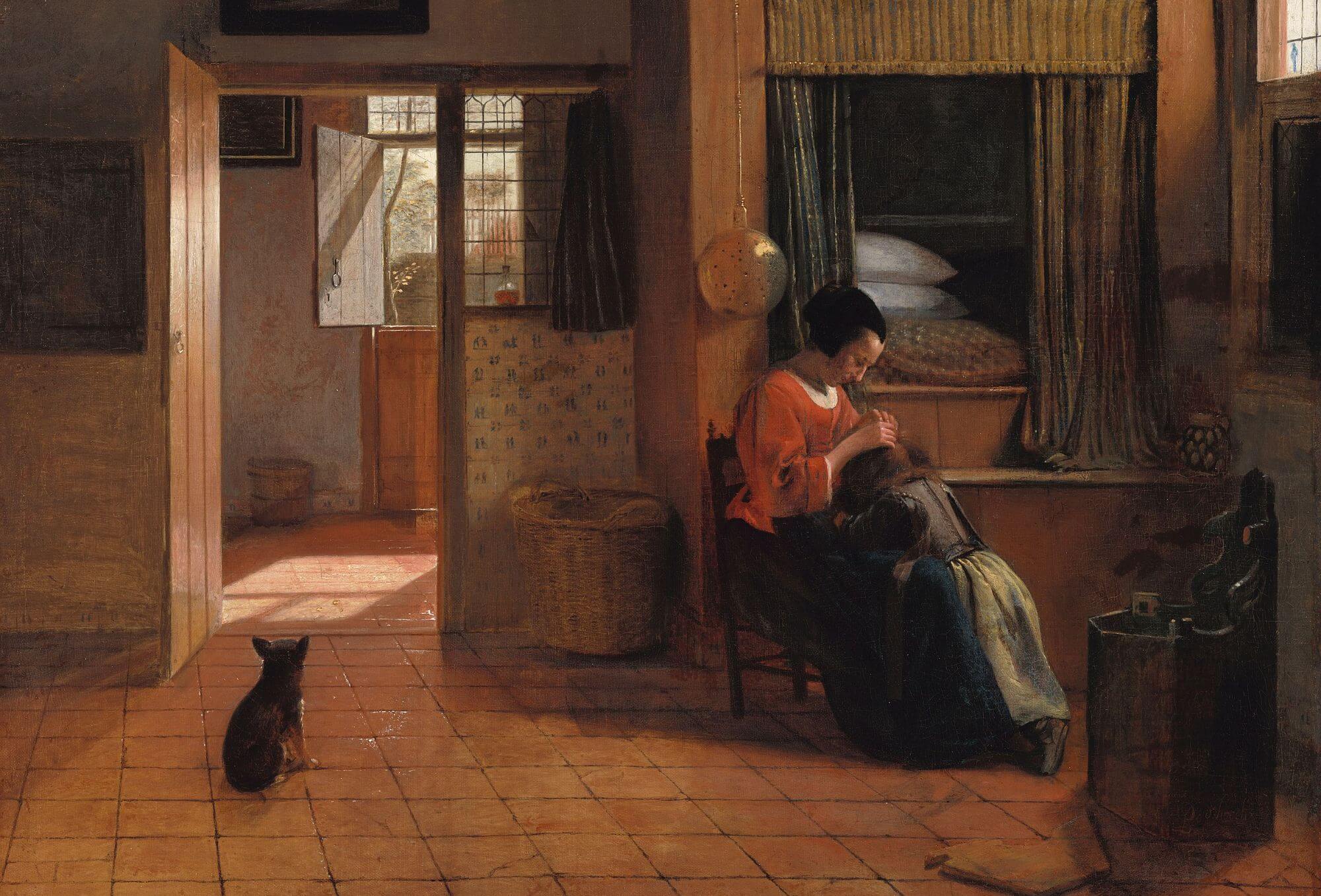 Mujer despiojando a su hija