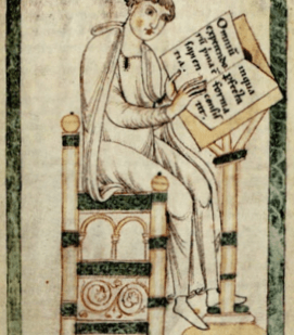 Miniatura del manuscrito Leiden con Hugo de San Víctor escribiendo su Didascalicon. Biblioteca de la Universidad de Leiden.