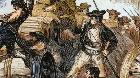 Ilustración a color basada en Horrorosa escena de un combate en las barricadas de Jerez, de Valeriano Domínguez Bécquer.