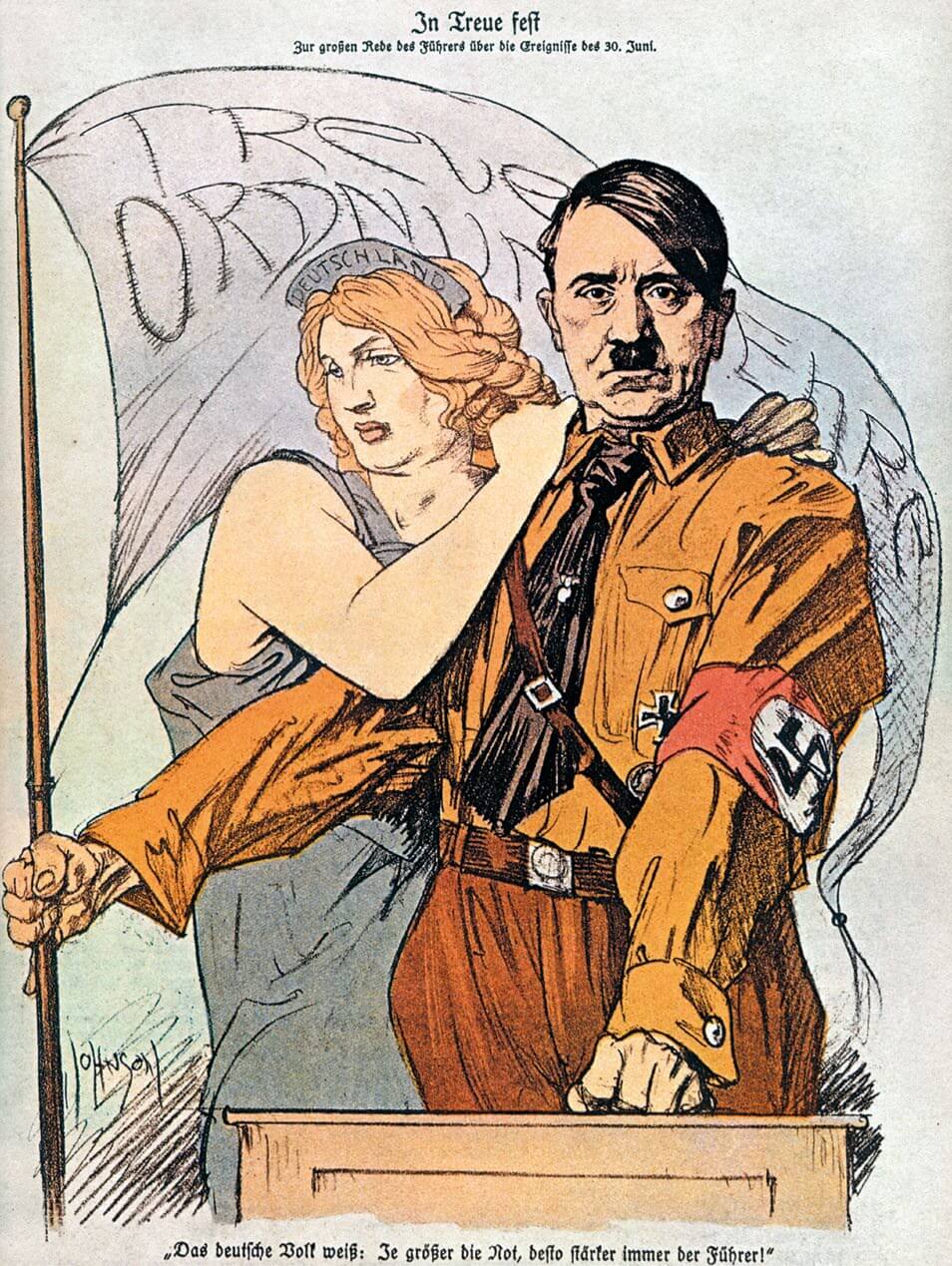Ilustración de Hitler con mujer rubia apoyada en su salvador