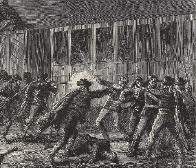 Bandidos atacando un tren en la línea Córdoba- Sevilla entre Valdepeñas y Manzanares. Ilustración de Smeeton publicada en L’Illustration, Journal Universel, el 13 de abril de 1872. Veneranda Biblioteca Ambrosiana, Milán.