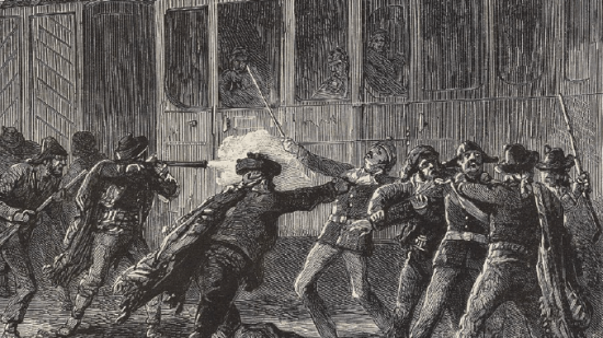 Bandidos atacando un tren en la línea Córdoba- Sevilla entre Valdepeñas y Manzanares. Ilustración de Smeeton publicada en L’Illustration, Journal Universel, el 13 de abril de 1872. Veneranda Biblioteca Ambrosiana, Milán.