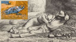 La siesta, dos granjeros descansando a la sombra de un pajar, dibujo de Millet y La siesta, de Van Gogh