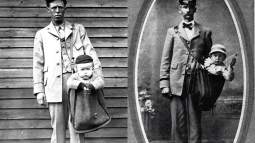 Niños en el zurrón de dos carteros