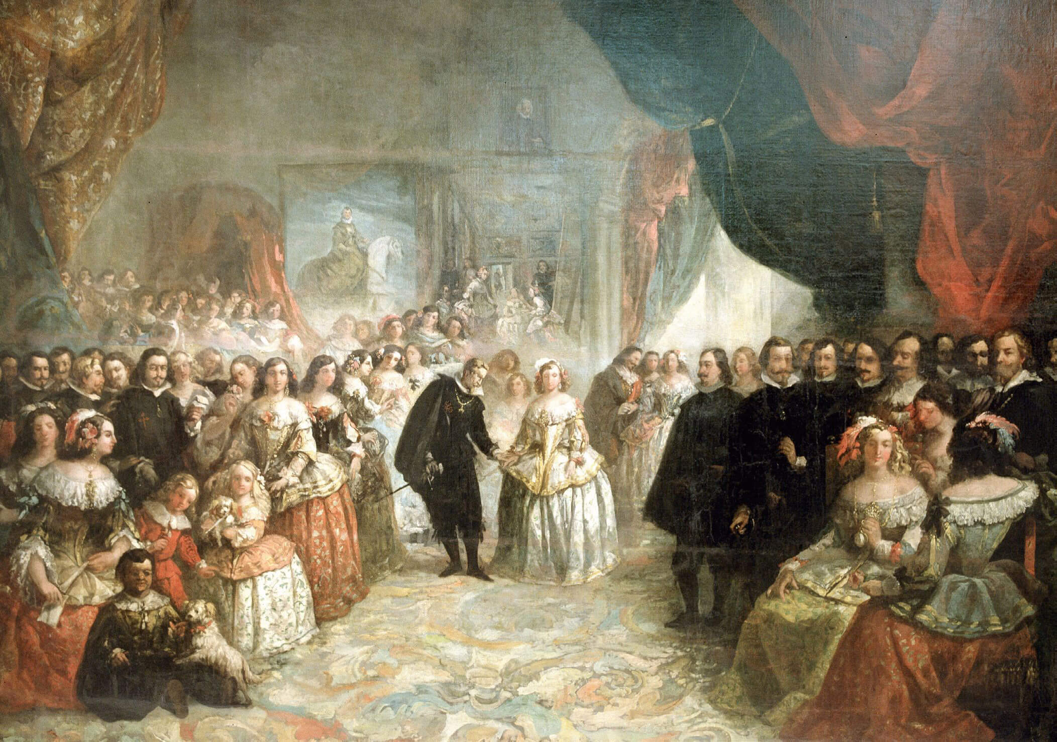 Felipe IV, su corte y detalle de las Meninas