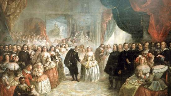 Felipe IV, su corte y detalle de las Meninas