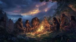 Recreación de tribu prehistórica junto al fuego