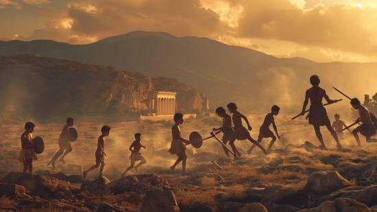 Recreación de jóvenes espartanos en pleno entrenamiento