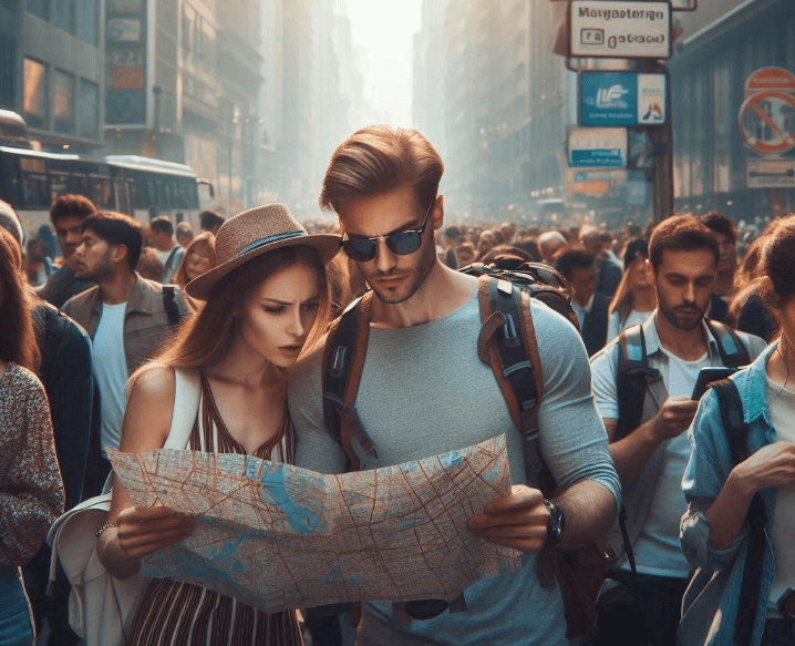 Pareja de turistas perdidos en la ciudad