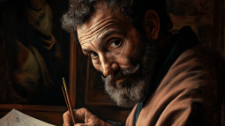 Recreación de Miguel Ángel escribiendo