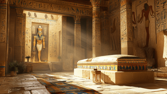 Sarcófago mortuorio egipcio dentro de una pirámide