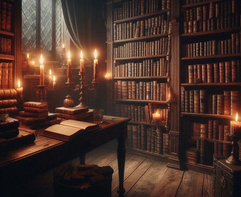 Biblioteca antigua de madera con libros viejos y velas encendidas.