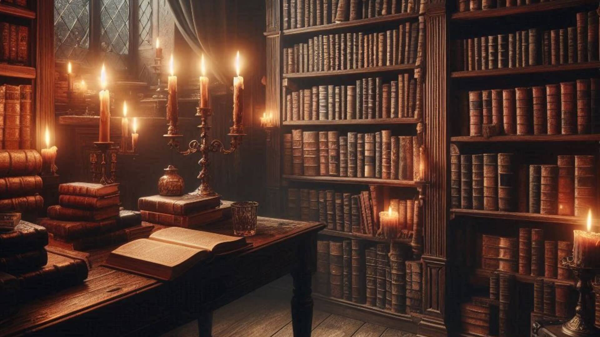 Biblioteca antigua iluminada por velas