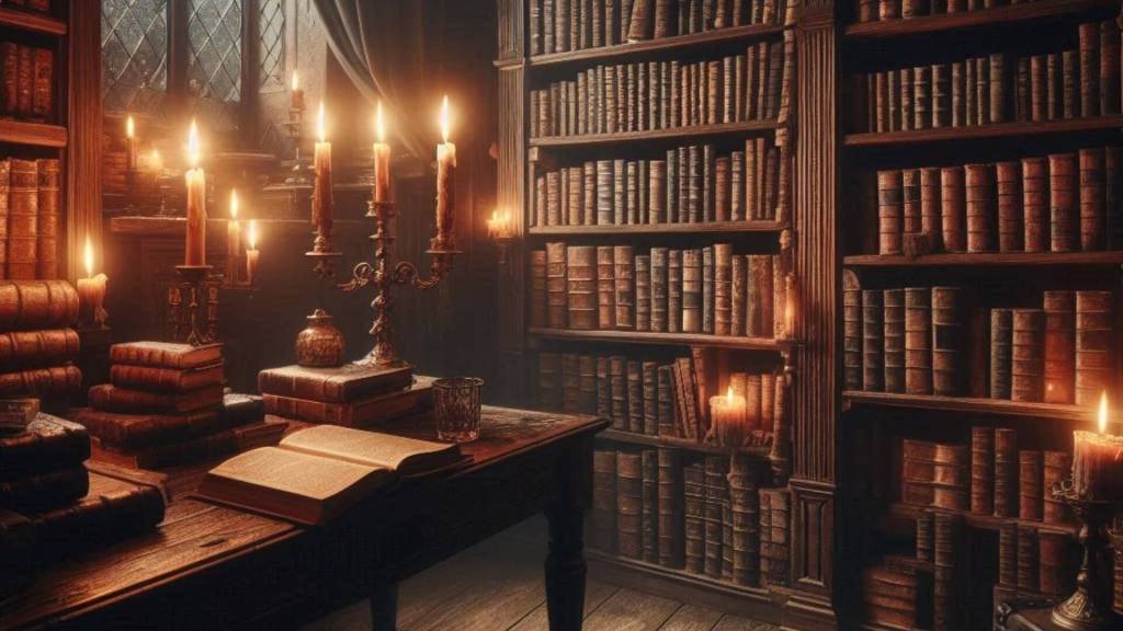 Biblioteca antigua iluminada por velas
