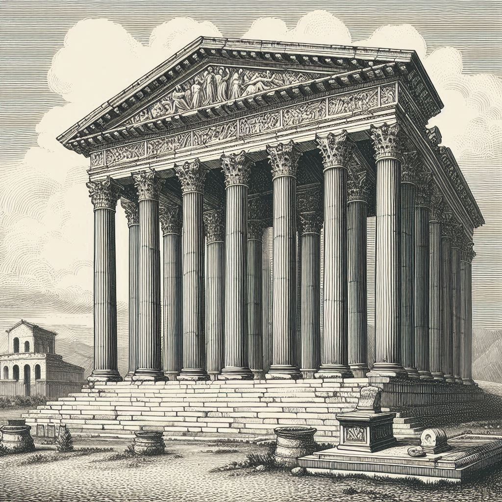 Recreación ficticia de templo romano, estilo incisión antigua