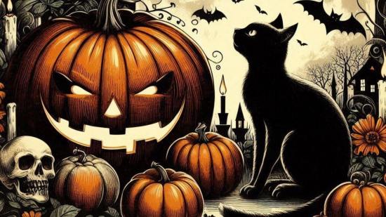 Calabaza de Halloween y gato negro